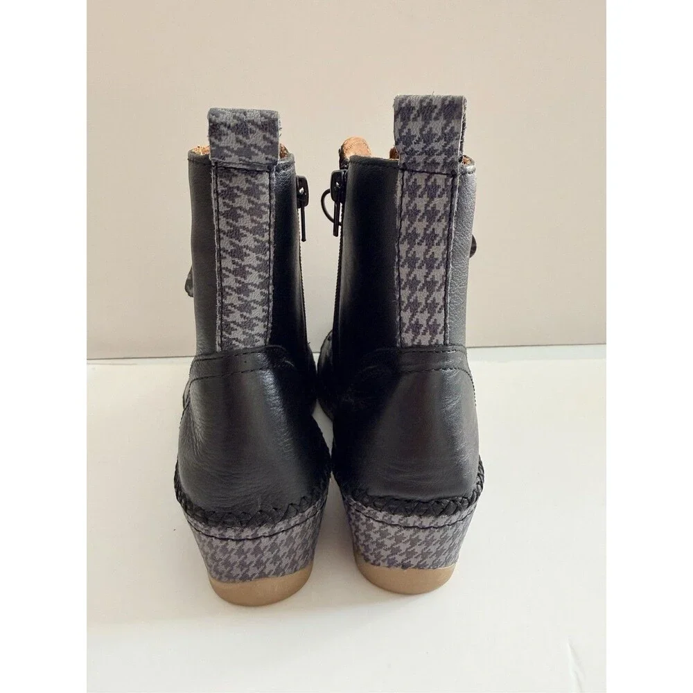 Anesha Women’s Black Leather Ankle Boots Houndstooth Wedge Zip US 9 EU 40